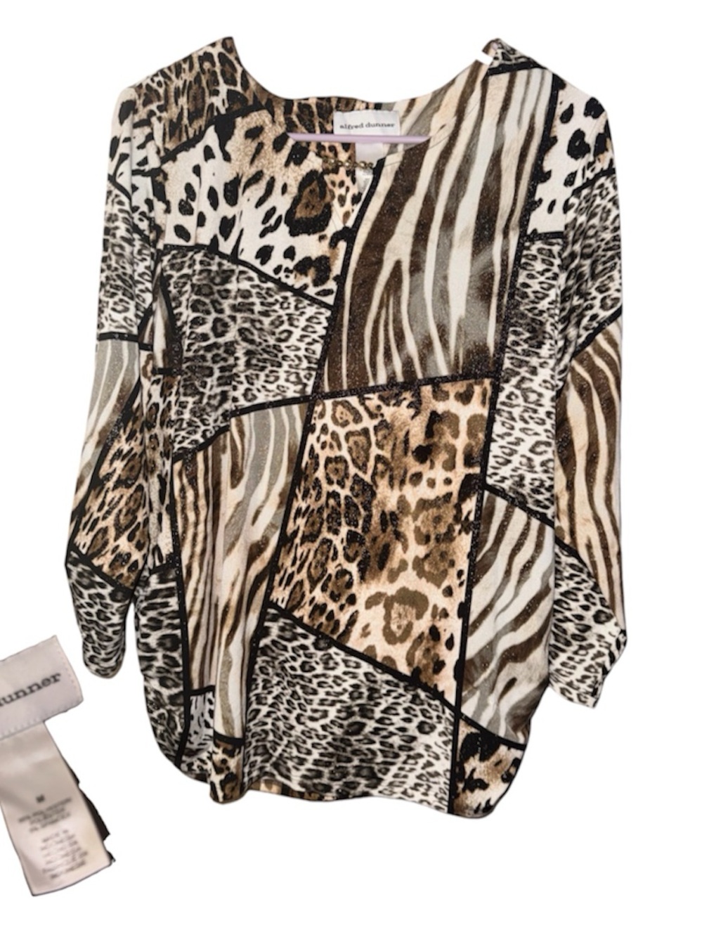 Alfred Dunner Patchwork Animal Print Blouse in Brown Black White